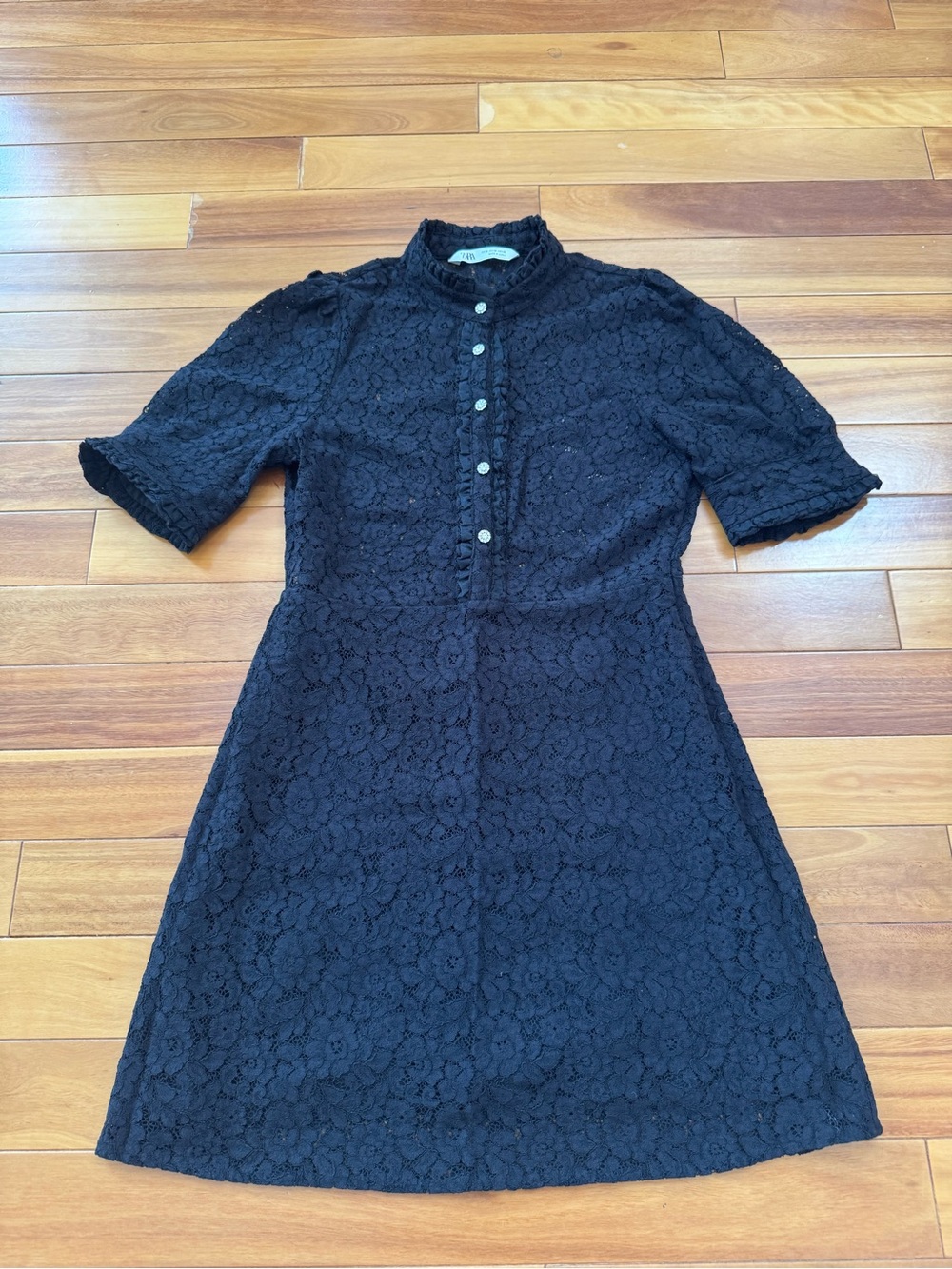 Zara Black Lace Midi Dress with Button Placket